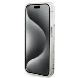 iPhone 15 Pro Case Hülle - Guess starres Gel flüssiger Glitter in Gold und Silber mit goldenem Logo - Transparent