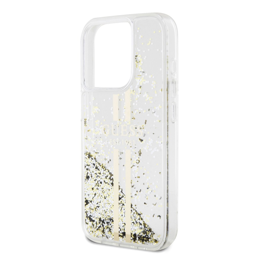 iPhone 15 Pro Case Hülle - Guess starres Gel flüssiger Glitter in Gold und Silber mit goldenem Logo - Transparent