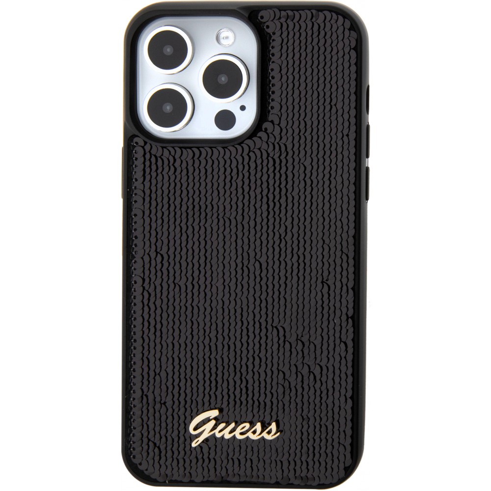iPhone 15 Pro Max Case Hülle - Guess Anti-Stress Wendepailletten mit goldenem Metalllogo - Schwarz