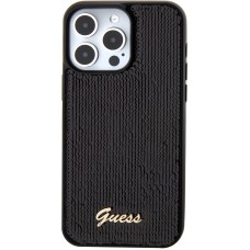 iPhone 15 Pro Max Case Hülle - Guess Anti-Stress Wendepailletten mit goldenem Metalllogo - Schwarz