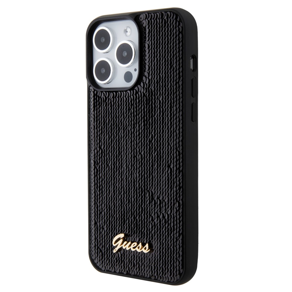 iPhone 15 Pro Max Case Hülle - Guess Anti-Stress Wendepailletten mit goldenem Metalllogo - Schwarz