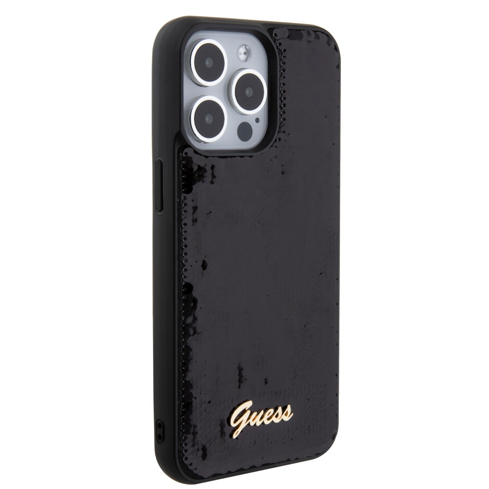 iPhone 15 Pro Max Case Hülle - Guess Anti-Stress Wendepailletten mit goldenem Metalllogo - Schwarz