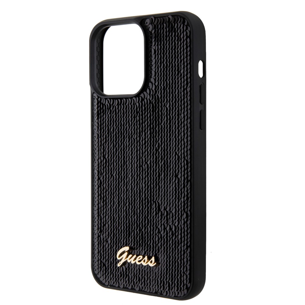 iPhone 15 Pro Max Case Hülle - Guess Anti-Stress Wendepailletten mit goldenem Metalllogo - Schwarz