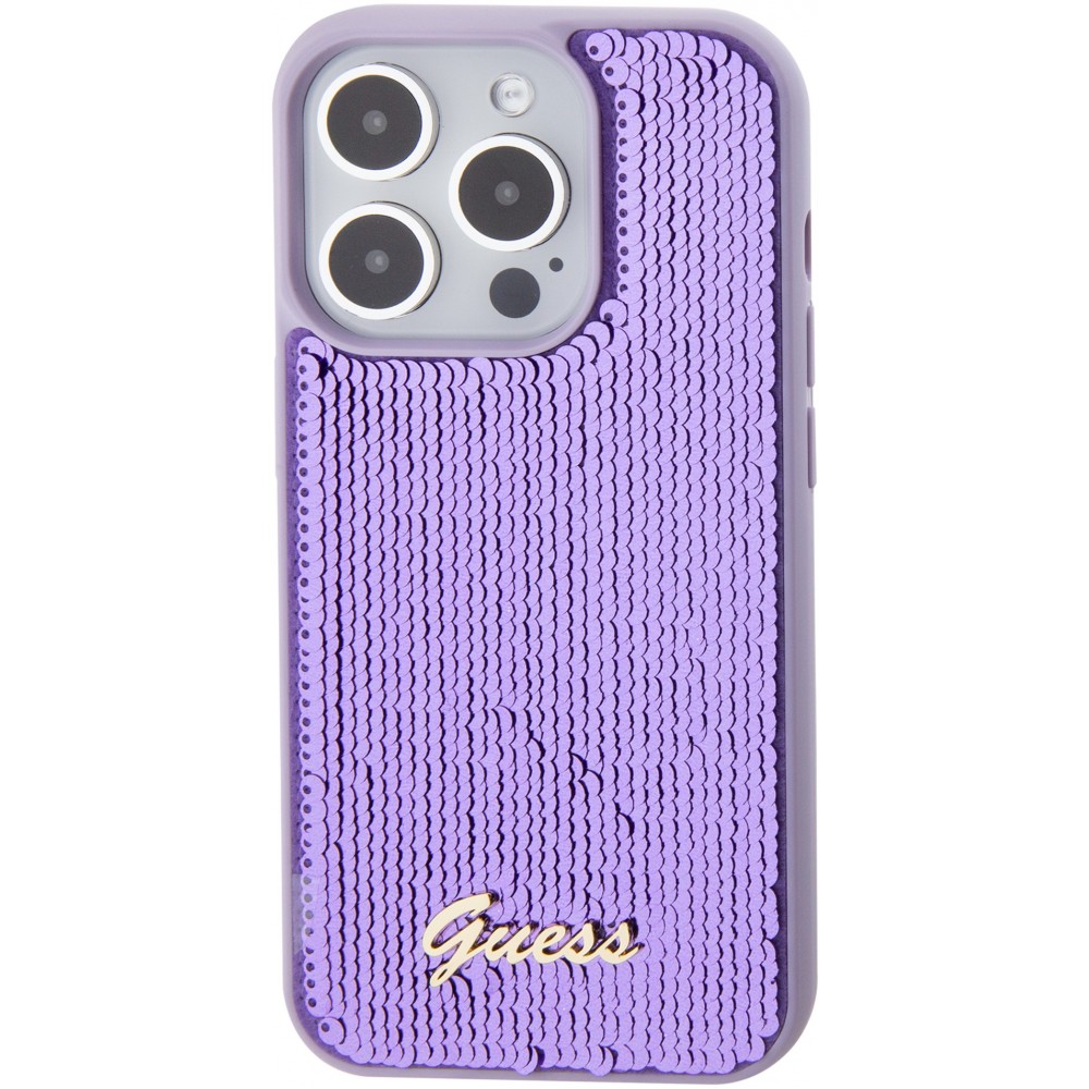 iPhone 15 Pro Max Case Hülle - Guess Anti-Stress Wendepailletten mit goldenem Metalllogo - Violett