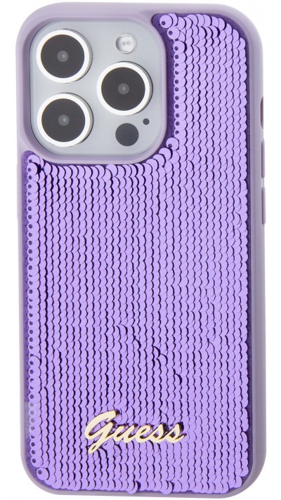 iPhone 15 Pro Max Case Hülle - Guess Anti-Stress Wendepailletten mit goldenem Metalllogo - Violett
