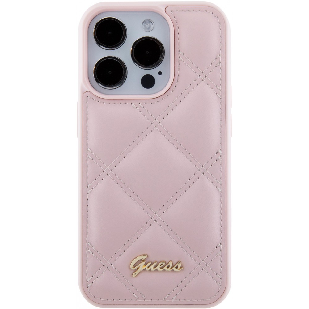iPhone 15 Pro Max Case Hülle - Guess Kunstleder-Fleece in Karomuster und goldfarbener Metallic-Logoprägung - Hellrosa