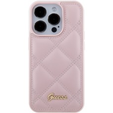 iPhone 15 Pro Max Case Hülle - Guess Kunstleder-Fleece in Karomuster und goldfarbener Metallic-Logoprägung - Hellrosa
