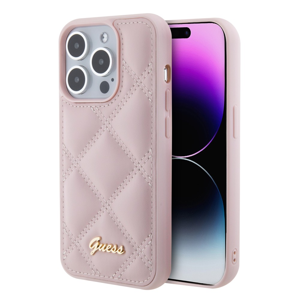 iPhone 15 Pro Max Case Hülle - Guess Kunstleder-Fleece in Karomuster und goldfarbener Metallic-Logoprägung - Hellrosa