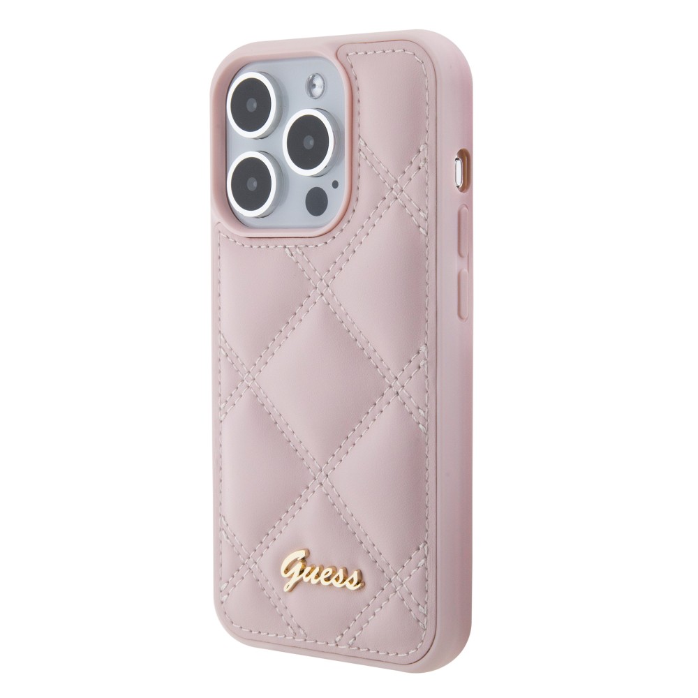 iPhone 15 Pro Max Case Hülle - Guess Kunstleder-Fleece in Karomuster und goldfarbener Metallic-Logoprägung - Hellrosa