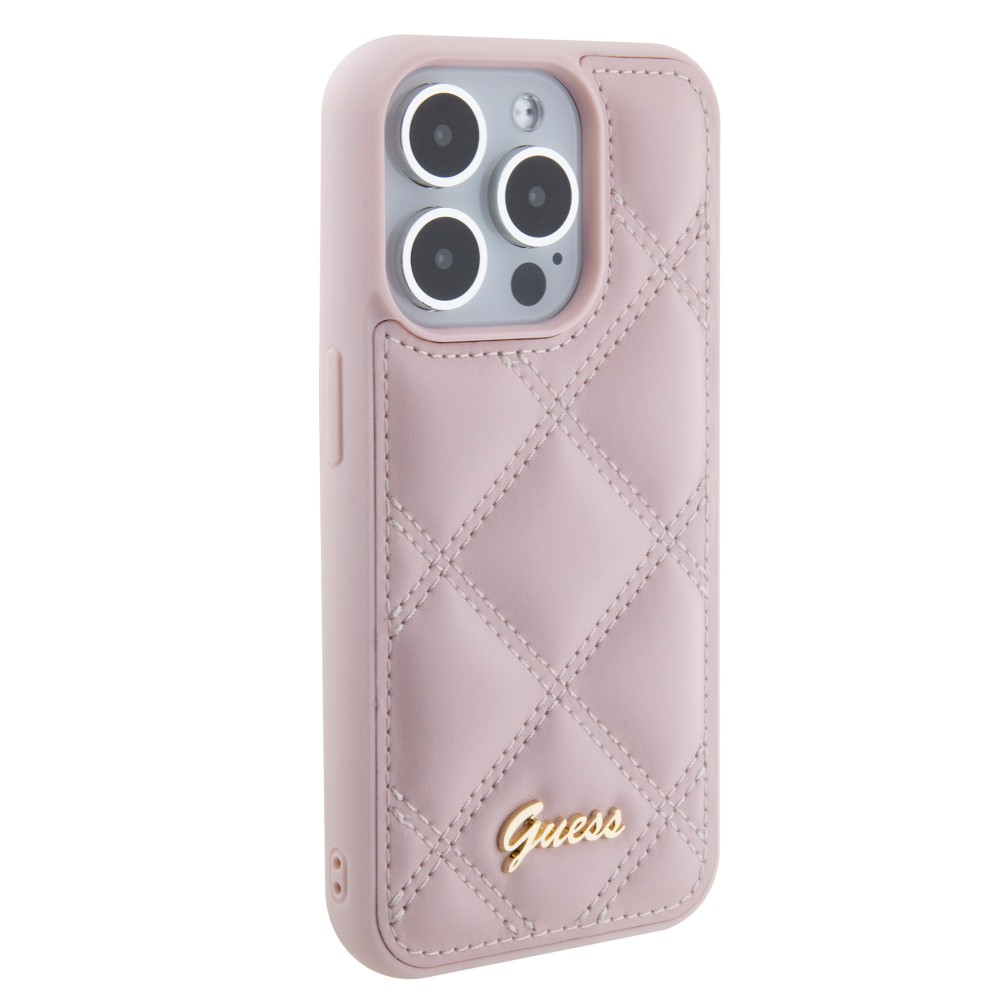 iPhone 15 Pro Max Case Hülle - Guess Kunstleder-Fleece in Karomuster und goldfarbener Metallic-Logoprägung - Hellrosa