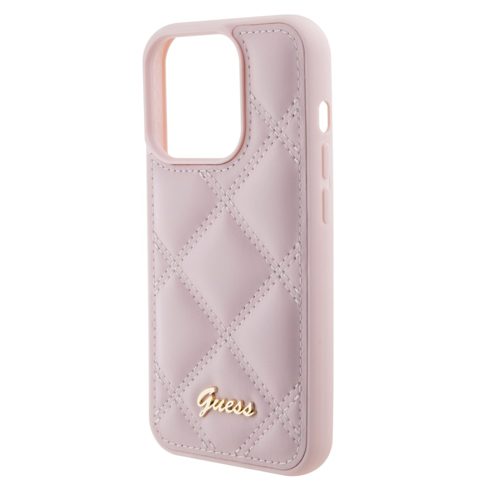 iPhone 15 Pro Max Case Hülle - Guess Kunstleder-Fleece in Karomuster und goldfarbener Metallic-Logoprägung - Hellrosa