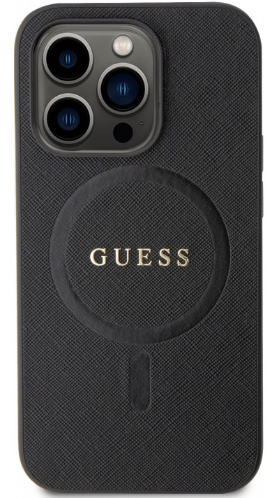 iPhone 15 Pro Case Hülle - Guess Kunstleder Saffiano Gold Metall-Logo und MagSafe - Schwarz