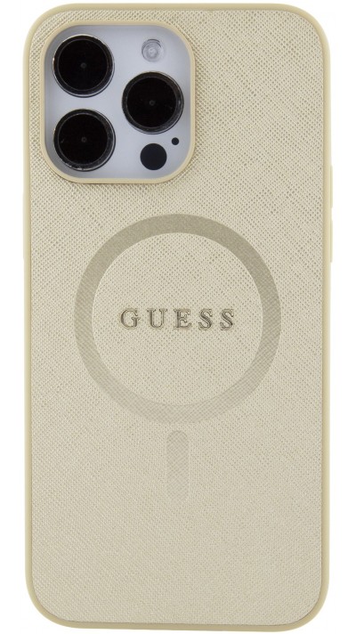 iPhone 15 Pro Max Case Hülle - Guess Kunstleder Saffiano Gold Metall-Logo und MagSafe - Gold