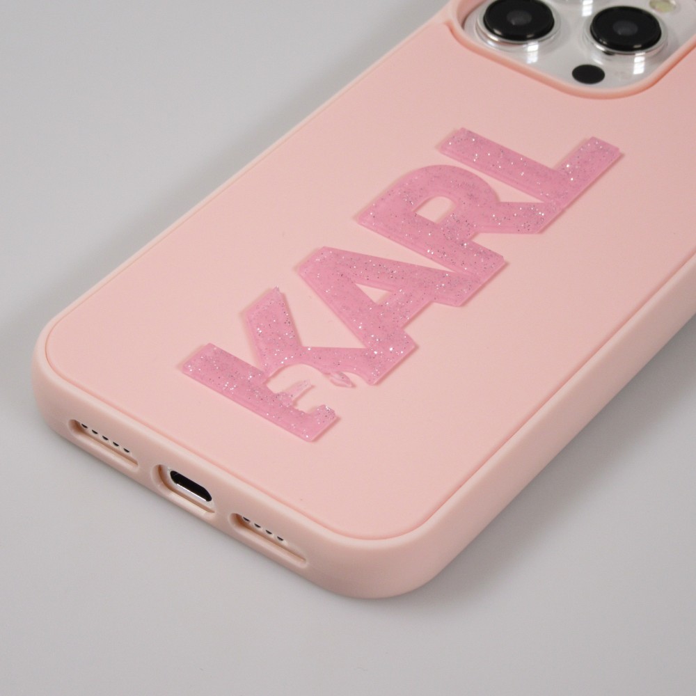 iPhone 15 Pro Max Case Hülle - Karl Lagerfeld mattes Silikon mit glitzerndem 3D-Logo - Rosa
