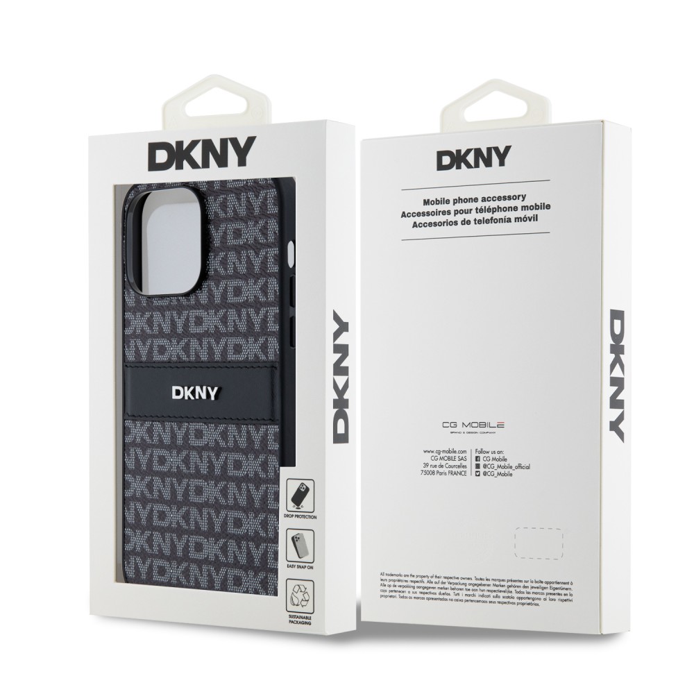 Coque iPhone 15 Pro Max - DKNY silicone similicuir monogramme logo métallique - Noir