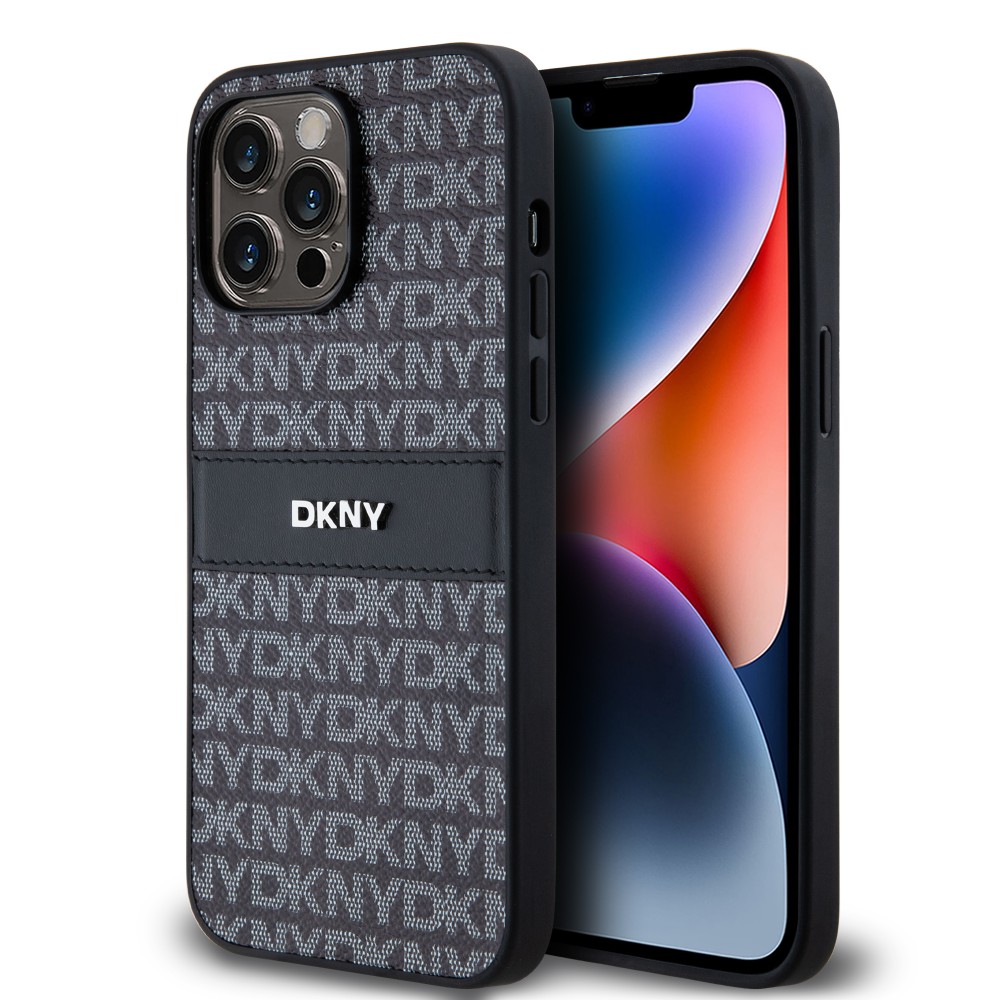 Coque iPhone 15 Pro Max - DKNY silicone similicuir monogramme logo métallique - Noir