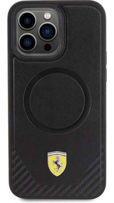 iPhone 15 Pro Max Case Hülle - Ferrari MagSafe Leder mit Metall-Logo und Carbon-Imitation - Schwarz