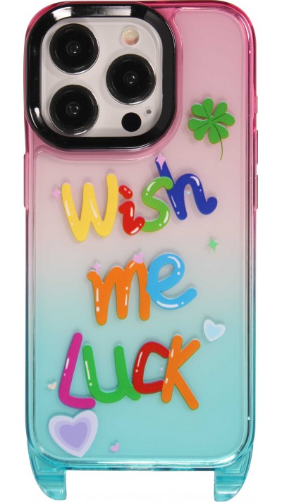 Coque iPhone 15 Pro Max - Gel transparent WISH ME LUCK avec crochet pour lanière (sans lanière) - Rose/bleu