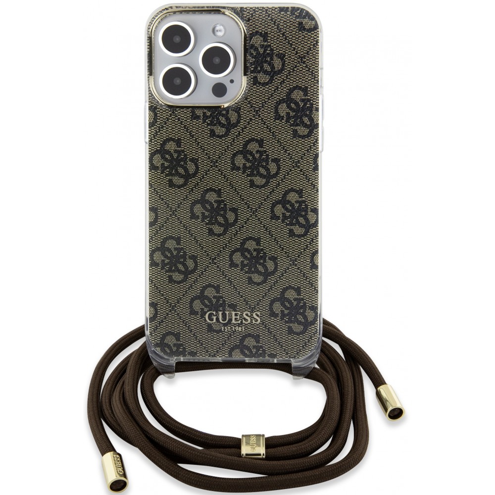 iPhone 15 Pro Max Case Hülle - Guess Monogramm in Lackoptik mit integriertem verstellbarem Riemen - Braun