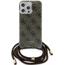 iPhone 15 Pro Max Case Hülle - Guess Monogramm in Lackoptik mit integriertem verstellbarem Riemen - Braun