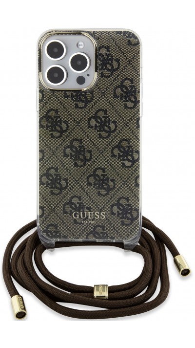 Coque iPhone 15 Pro Max - Guess monogramme laqué avec lanière ajustable intégrée - Brun