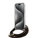 iPhone 15 Pro Max Case Hülle - Guess Monogramm in Lackoptik mit integriertem verstellbarem Riemen - Braun