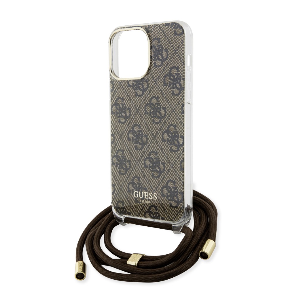 iPhone 15 Pro Max Case Hülle - Guess Monogramm in Lackoptik mit integriertem verstellbarem Riemen - Braun