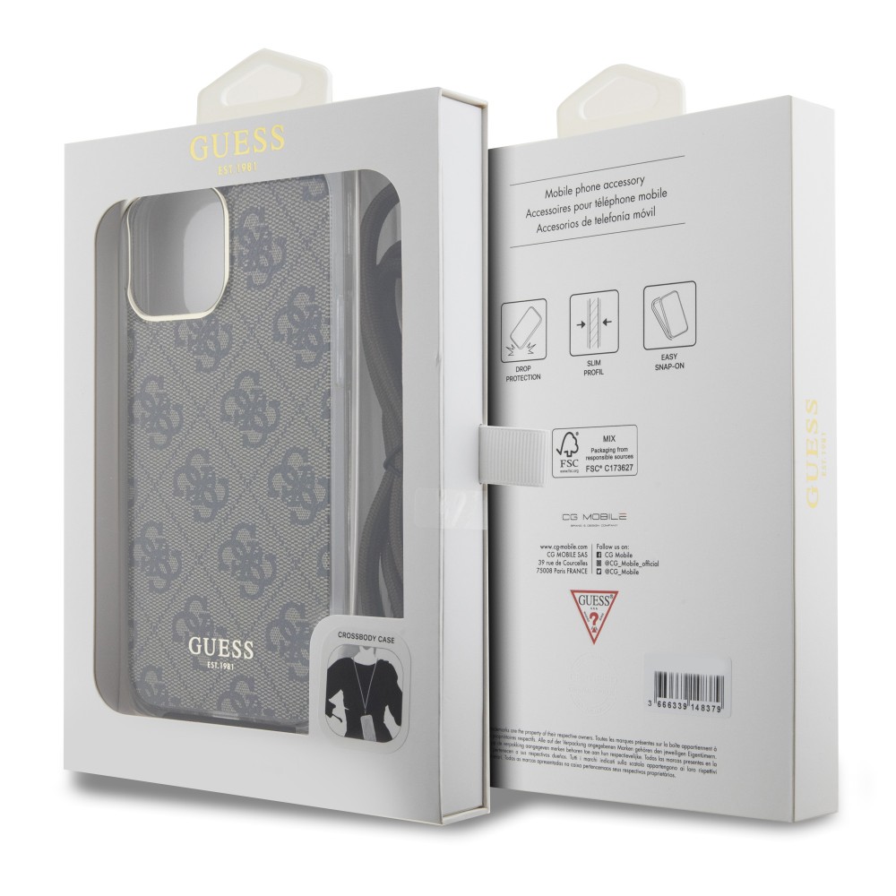 iPhone 15 Pro Max Case Hülle - Guess Monogramm in Lackoptik mit integriertem verstellbarem Riemen - Braun