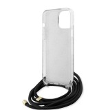 iPhone 15 Pro Max Case Hülle - Guess Monogramm in Lackoptik mit integriertem verstellbarem Riemen - Grau