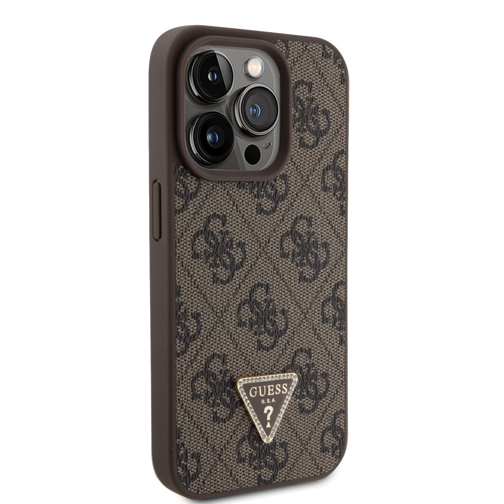 iPhone 15 Pro Max Case Hülle - Guess Monogramm Kunstleder Metall-Logo und Strass mit abnehmbarem Riemen - Braun