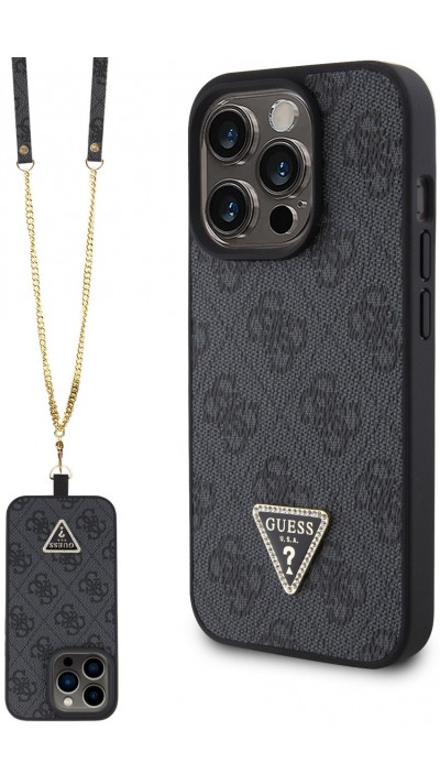 Coque iPhone 15 Pro Max - Guess monogramme similicuir logo métal et strass avec lanière amovible - Noir