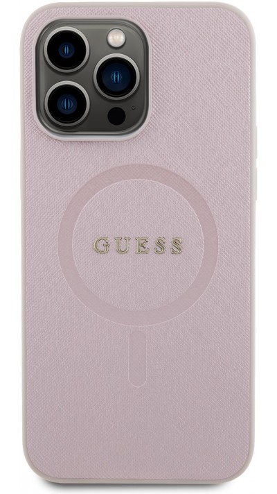 iPhone 15 Pro Max Case Hülle - Guess Kunstleder Saffiano Gold Metall-Logo und MagSafe - Rosa