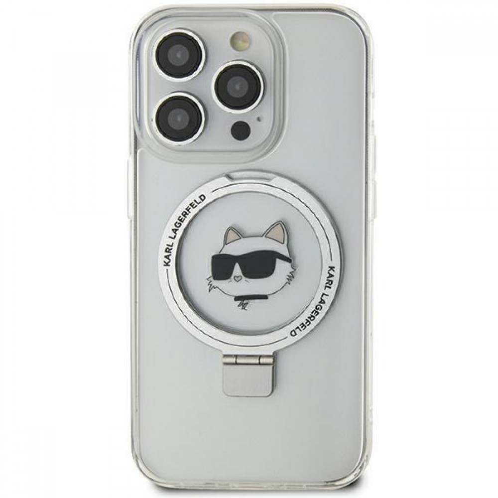 iPhone 15 Pro Max Case Hülle - Karl Lagerfeld Choupette gel rigide mit Ring MagSafe-Halter in silber - Transparent