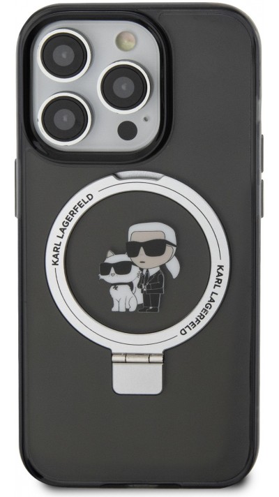 iPhone 15 Pro Case Hülle - Karl Lagerfeld und Choupette Gel lackiert mit integriertem, abnehmbarem Metallstützring und Magsafe - Grau