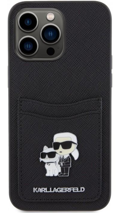 iPhone 15 Pro Max Case Hülle - Karl Lagerfeld und Choupette Kunstleder Saffiano mit integrierten Kartenhaltern und geprägtem Metalllogo - Schwarz