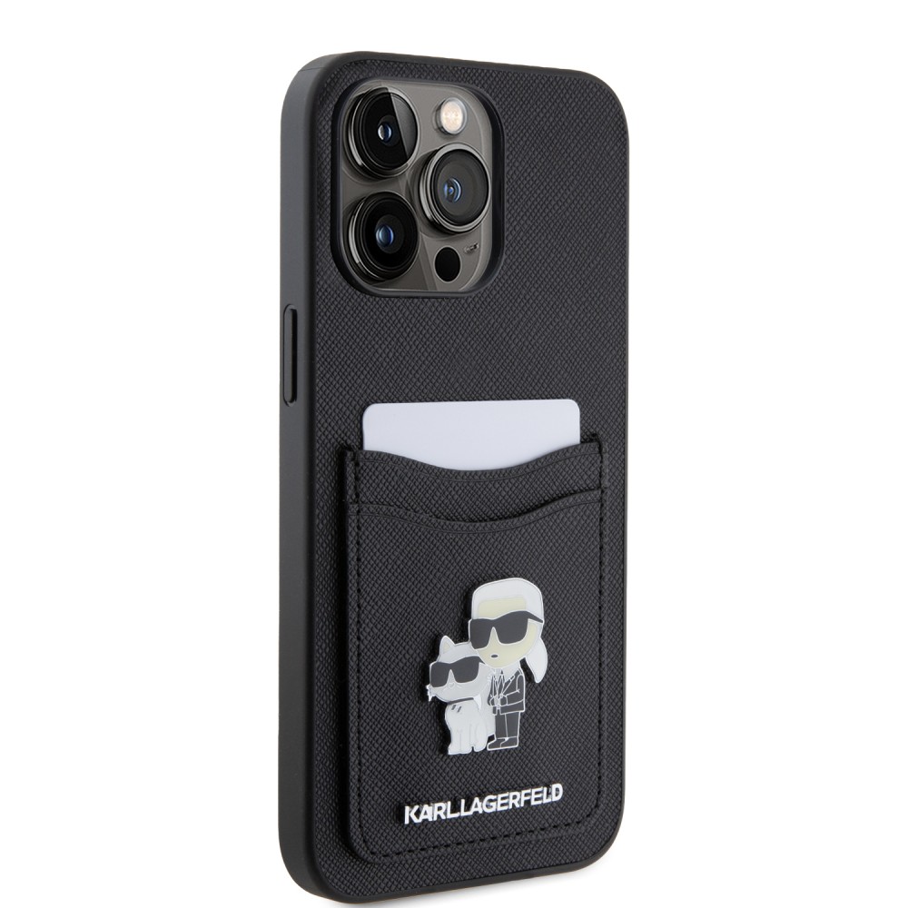 iPhone 15 Pro Case Hülle - Karl Lagerfeld und Choupette Kunstleder Saffiano mit integrierten Kartenhaltern und geprägtem Metalllogo - Schwarz
