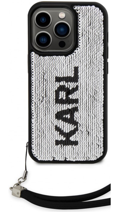 iPhone 15 Pro Case Hülle - Karl Lagerfeld Pailletten Glitters reversible zweifarbig mit abnehmbarem Handgelenk Riemen - Schwarz / Silber