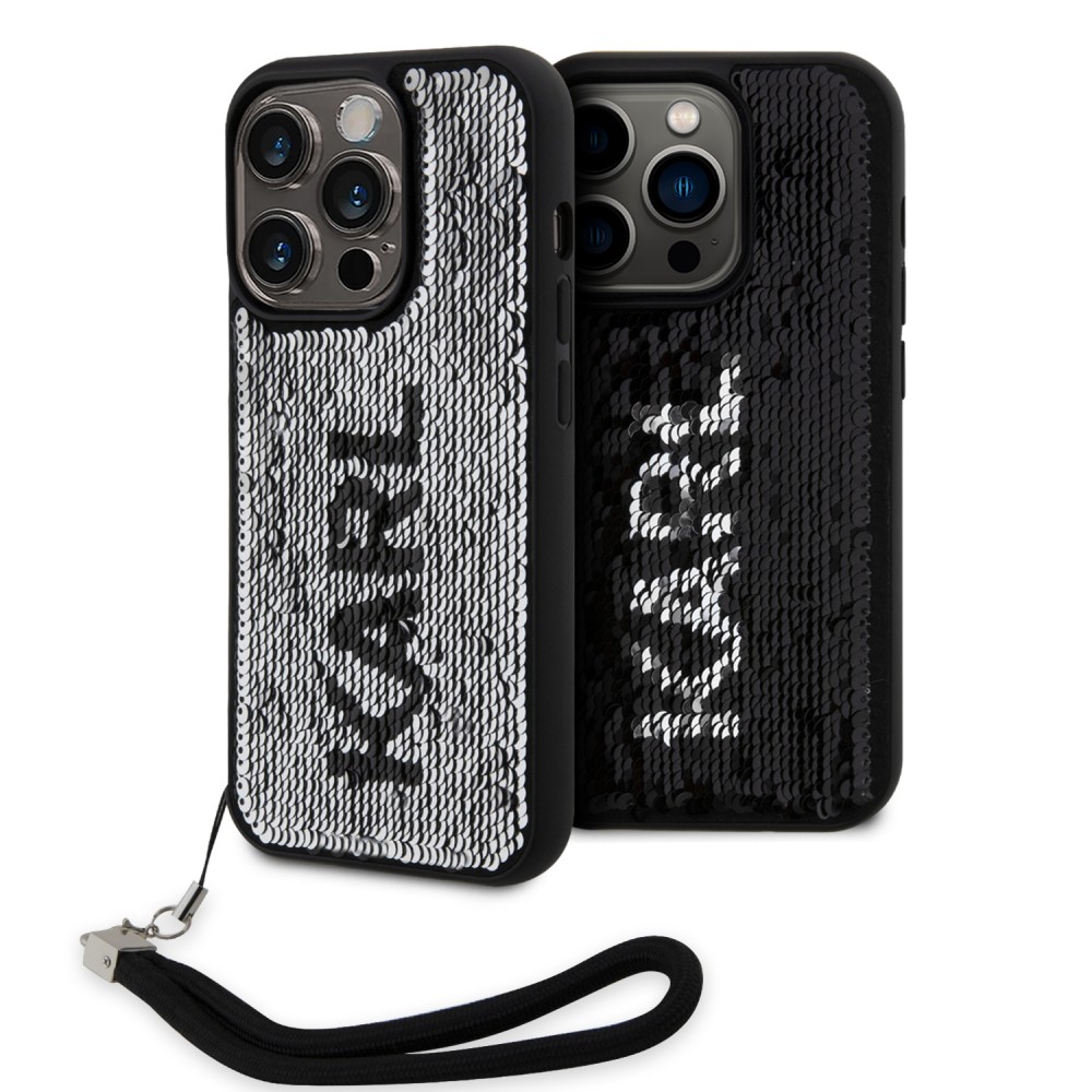 iPhone 15 Pro Case Hülle - Karl Lagerfeld Pailletten Glitters reversible zweifarbig mit abnehmbarem Handgelenk Riemen - Schwarz / Silber