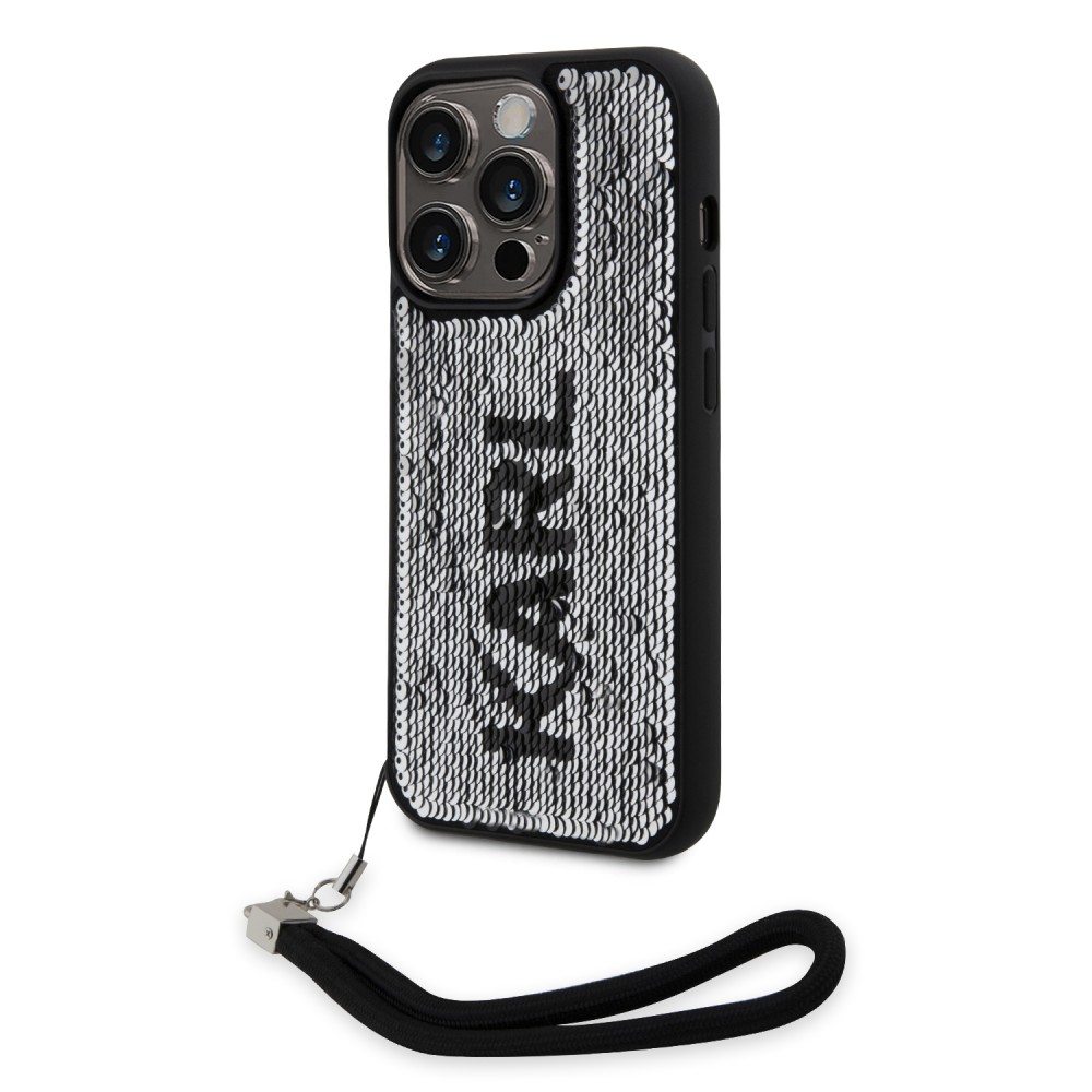iPhone 15 Pro Case Hülle - Karl Lagerfeld Pailletten Glitters reversible zweifarbig mit abnehmbarem Handgelenk Riemen - Schwarz / Silber
