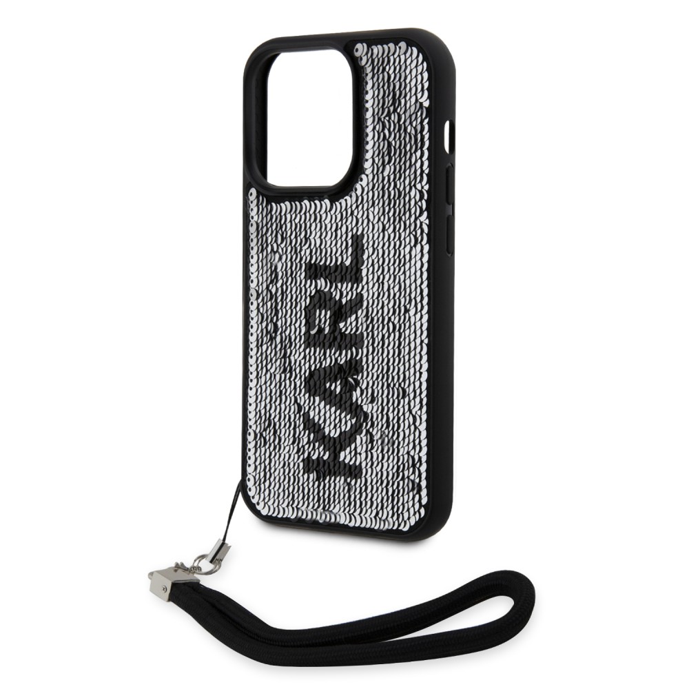 iPhone 15 Pro Case Hülle - Karl Lagerfeld Pailletten Glitters reversible zweifarbig mit abnehmbarem Handgelenk Riemen - Schwarz / Silber