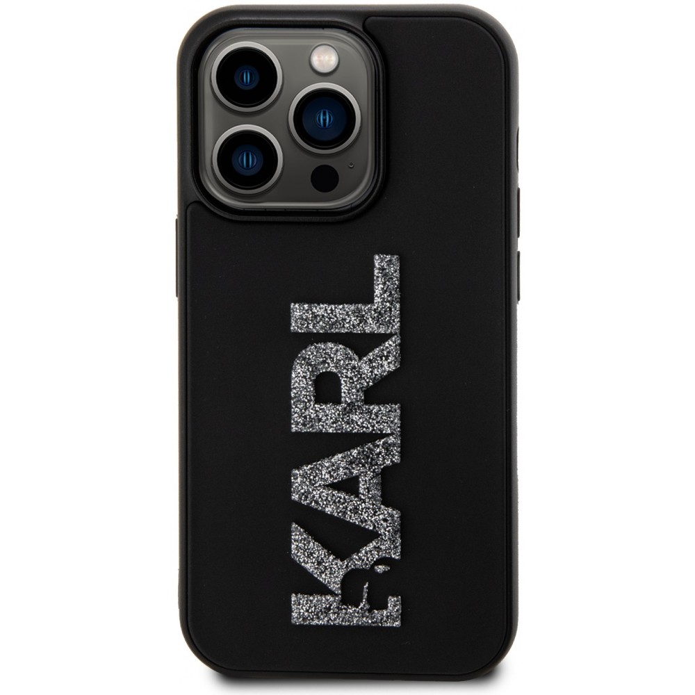 Coque iPhone 15 Pro - Karl Lagerfeld silicone mat avec logo 3D pailleté - Noir