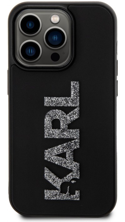 iPhone 15 Pro Case Hülle - Karl Lagerfeld mattes Silikon mit glitzerndem 3D-Logo - Schwarz