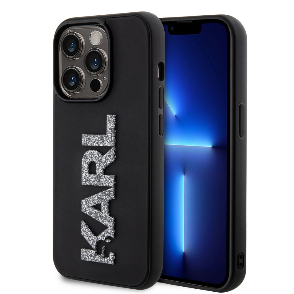 Coque iPhone 15 Pro - Karl Lagerfeld silicone mat avec logo 3D pailleté - Noir