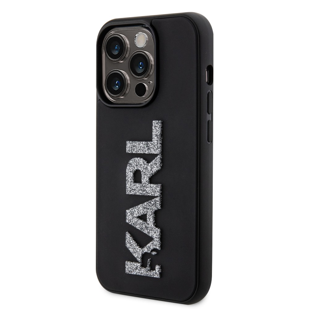 Coque iPhone 15 Pro - Karl Lagerfeld silicone mat avec logo 3D pailleté - Noir