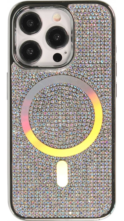 iPhone 15 Pro Max Case H&uuml;lle - Silikon starr mit glitzernden Edelsteinen MagSafe - Silber