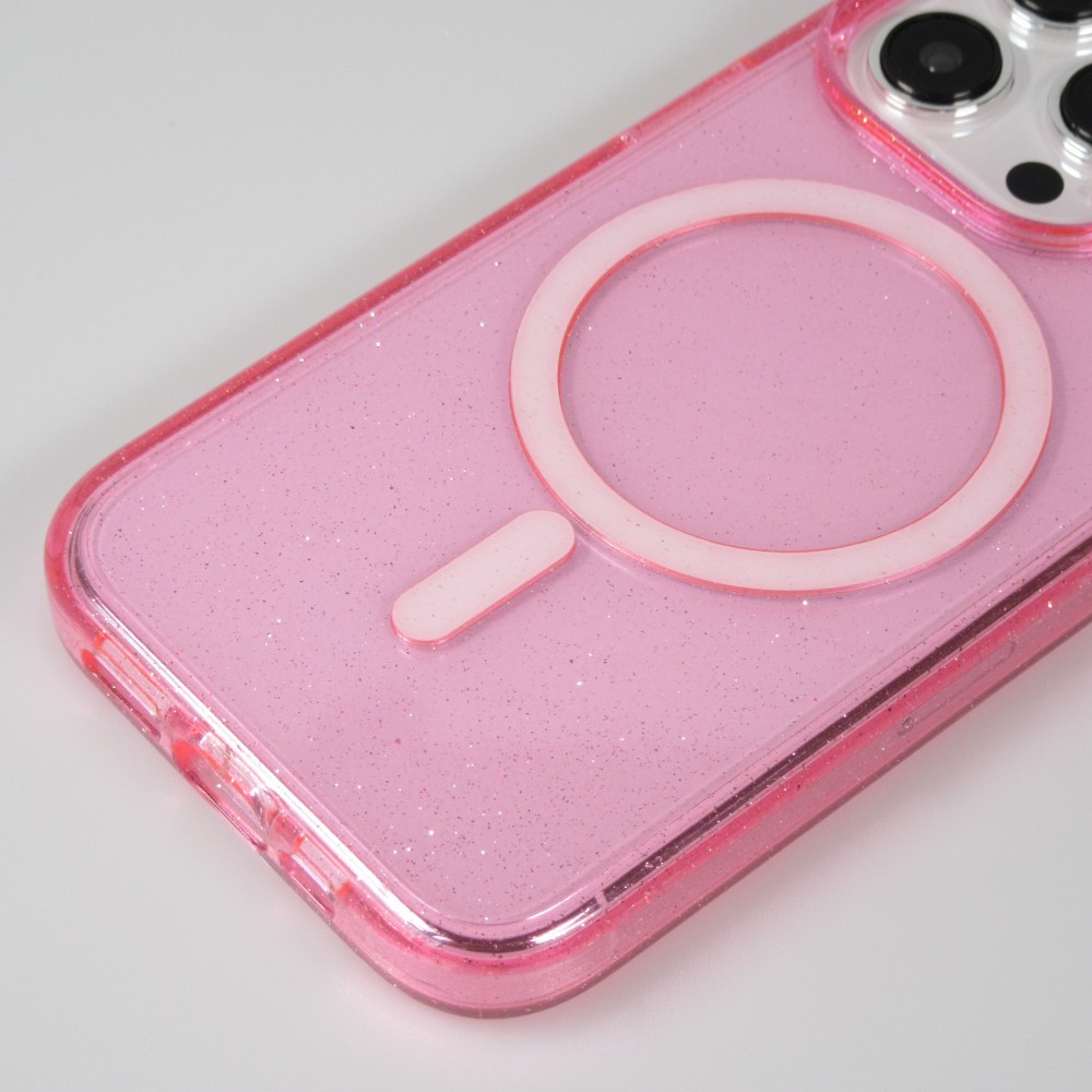 iPhone 15 Pro Case Hülle - Hartes Silikon mit Glitzer Rückseite und MagSafe - Rosa