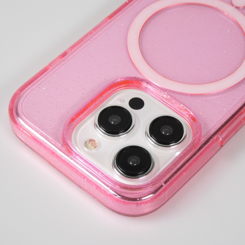 iPhone 15 Pro Case Hülle - Hartes Silikon mit Glitzer Rückseite und MagSafe - Rosa