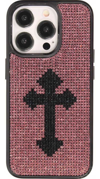 Coque iPhone 15 Pro - Silicone souple paillet&eacute; avec gemmes Gothic Cross - Violet