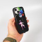 iPhone 15 Case Hülle - Silikon Glossy integriertes LED Licht mit USB-C Anschluss - Floating Astronaut - Schwarz