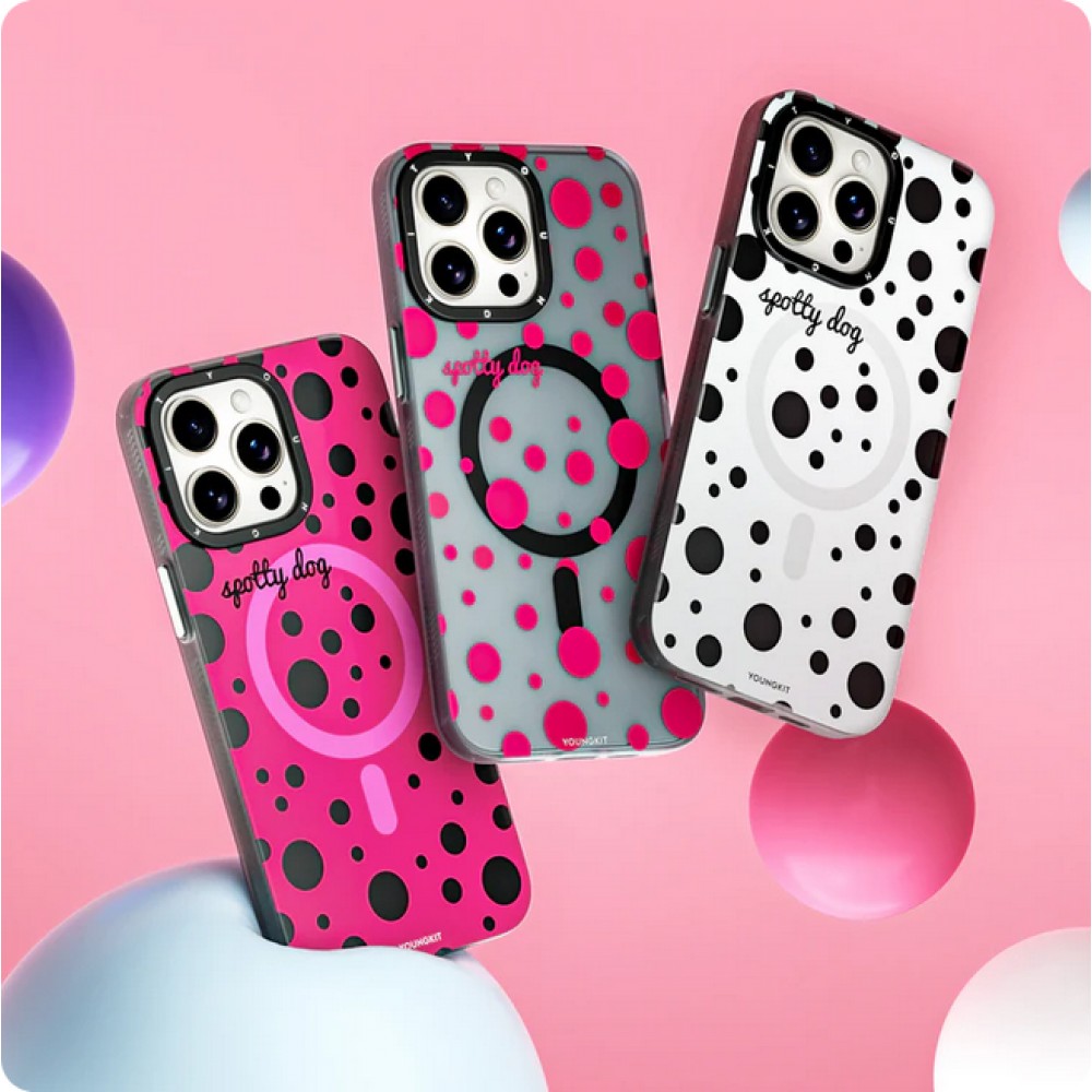 iPhone 15 Case Hülle - Youngkit Colorful Polka Dots Case mit Magsafe - Weiss